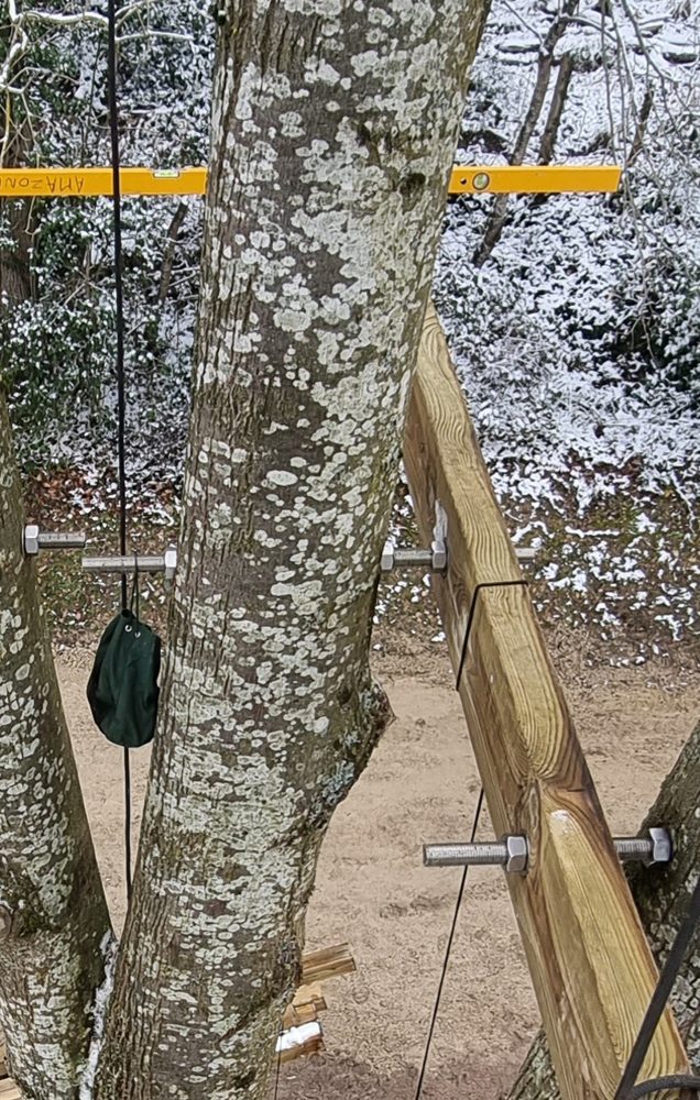 Ancrage avec tiges filetées Inox traversant des arbres pour fixer une poutre